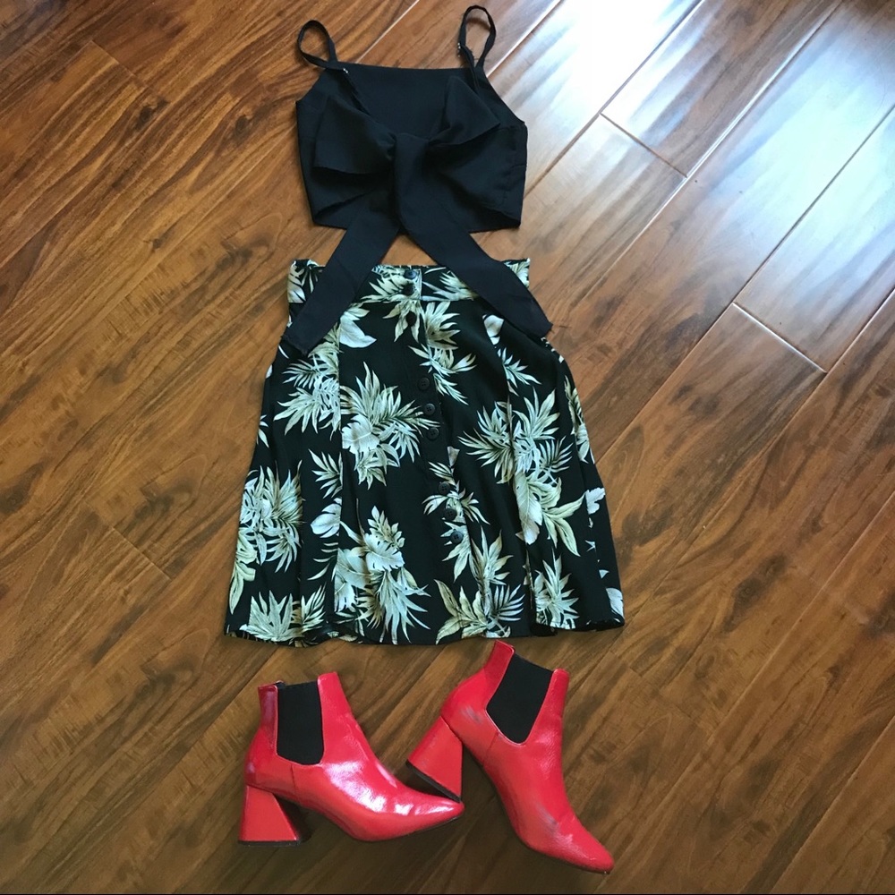High Waisted Plant Print A Line Button Down Skirt